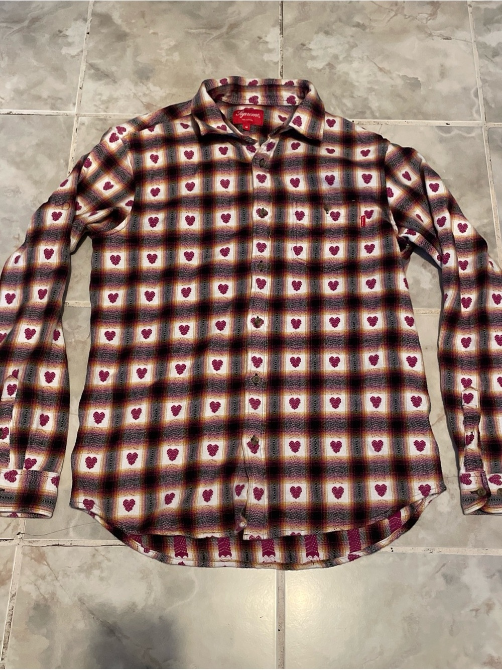 Supreme Hearts Plaid Button Up Flannel Shirt SS16 SZ Medium Red Patchwork